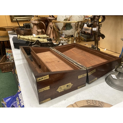 28 - A MAHOGANY AND BRASS BOUND BOX WITH A SECRET DRAWER