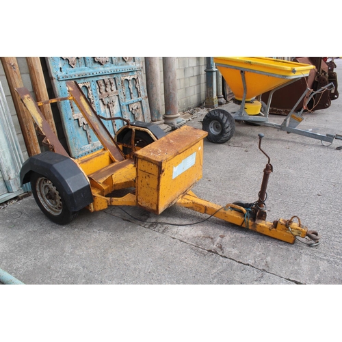 185 - A YELLOW TWO WHEELED TRAILER FOR TRANSPORTING A FLAT ROLLER NO VAT