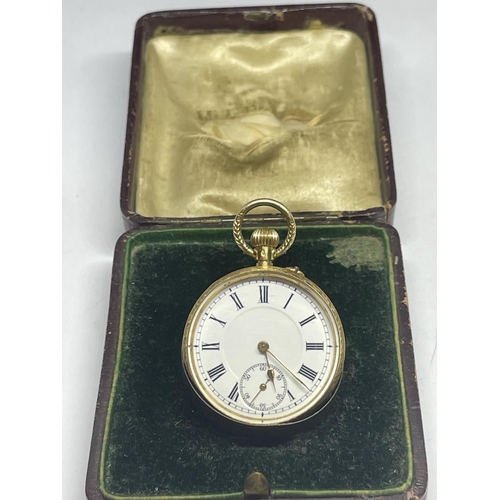 610 - AN 18CT GOLD TOP WIND POCKET WATCH, WHITE ENAMELLED DIAL WITH A SECONDARY SUB-SECONDS DIAL AND GOLD ... 