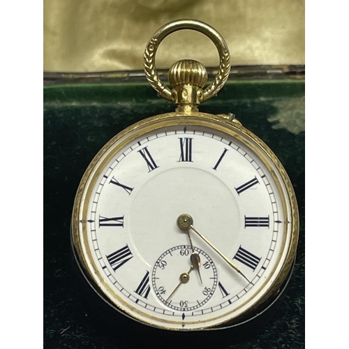 610 - AN 18CT GOLD TOP WIND POCKET WATCH, WHITE ENAMELLED DIAL WITH A SECONDARY SUB-SECONDS DIAL AND GOLD ... 