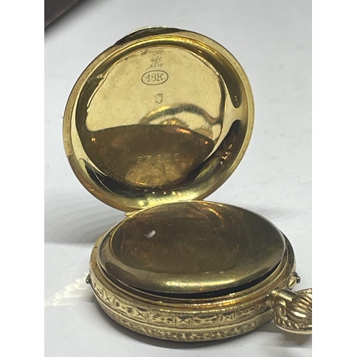 610 - AN 18CT GOLD TOP WIND POCKET WATCH, WHITE ENAMELLED DIAL WITH A SECONDARY SUB-SECONDS DIAL AND GOLD ... 