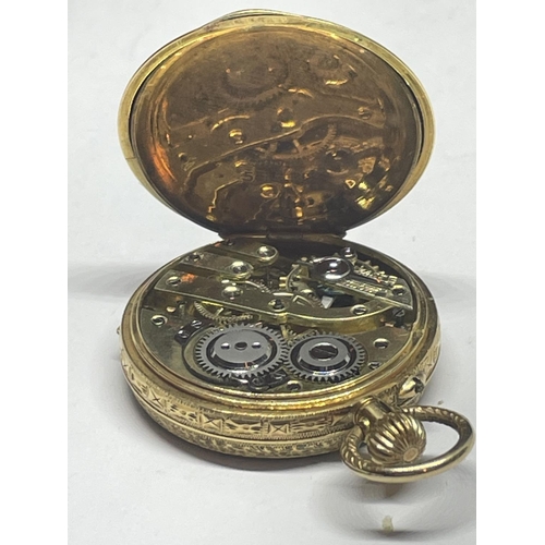 610 - AN 18CT GOLD TOP WIND POCKET WATCH, WHITE ENAMELLED DIAL WITH A SECONDARY SUB-SECONDS DIAL AND GOLD ... 