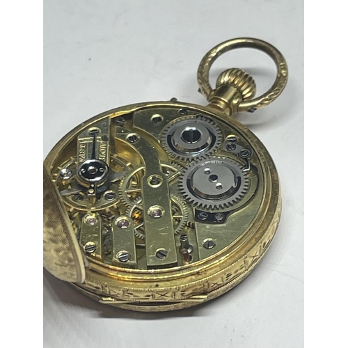 610 - AN 18CT GOLD TOP WIND POCKET WATCH, WHITE ENAMELLED DIAL WITH A SECONDARY SUB-SECONDS DIAL AND GOLD ... 