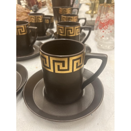 103 - A PORTMEIRION COFFEE SET IN A RICH BROWN COLOUR 'GREEK KEY' DESIGN TO INCLUDE COFFEE POT, CREAM JUG,... 