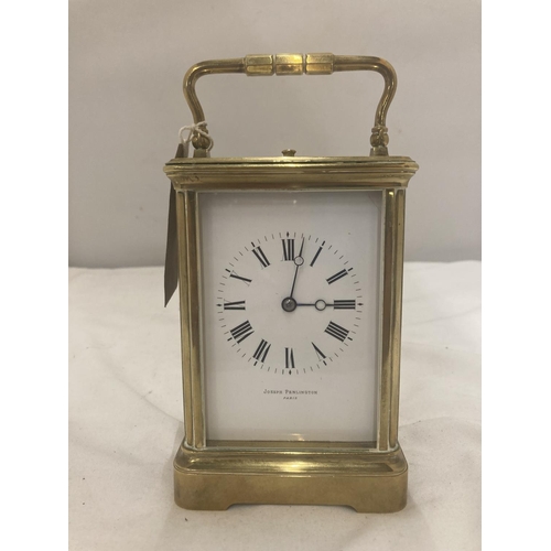 107 - A BRASS JOSEPH PENLINGTON, PARIS, CARRIAGE CLOCK WITH GLASS TO THREE SIDES AND TOP IN WORKING ORDER ... 