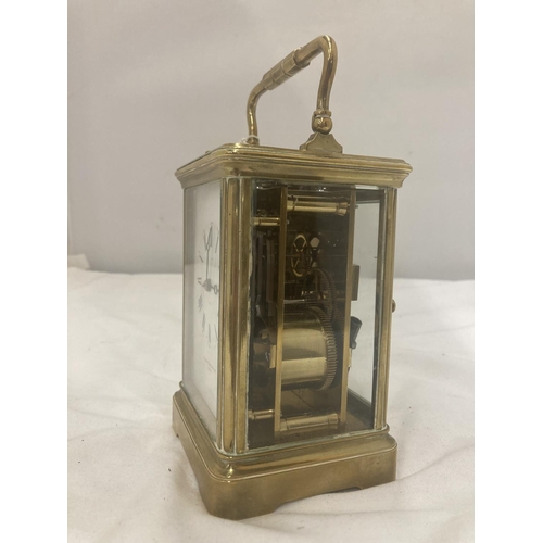 107 - A BRASS JOSEPH PENLINGTON, PARIS, CARRIAGE CLOCK WITH GLASS TO THREE SIDES AND TOP IN WORKING ORDER ... 