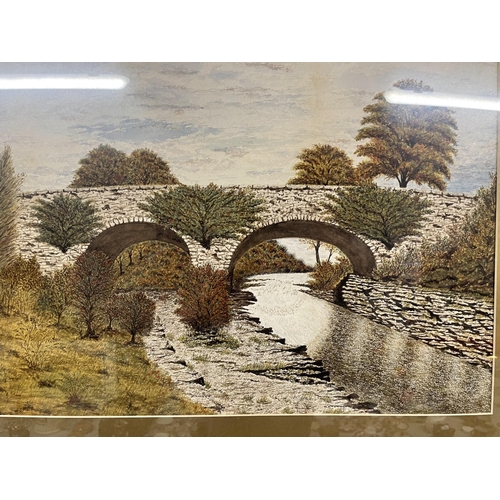 321 - A GILT FRAMED PRINT OF A BRIDGE AND A STREAM