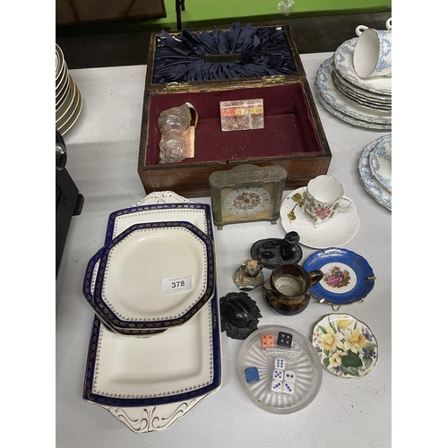 378 - A MAHOGANY BOX IN NEED OF RESTORATION, FOUR PIECES OF MEAKIN CHINA, A CLOCK, MINIATURE PLATES, ETC