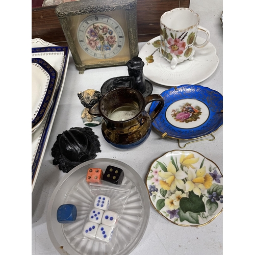 378 - A MAHOGANY BOX IN NEED OF RESTORATION, FOUR PIECES OF MEAKIN CHINA, A CLOCK, MINIATURE PLATES, ETC