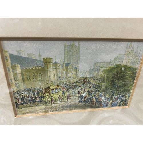 391 - TWO FRAMED PRINTS - OPENING OF NEW HOUSES OF PARLIAMENT CIRCA 1840, FIRST COLOUR PRINT AND NEW HOUSE... 