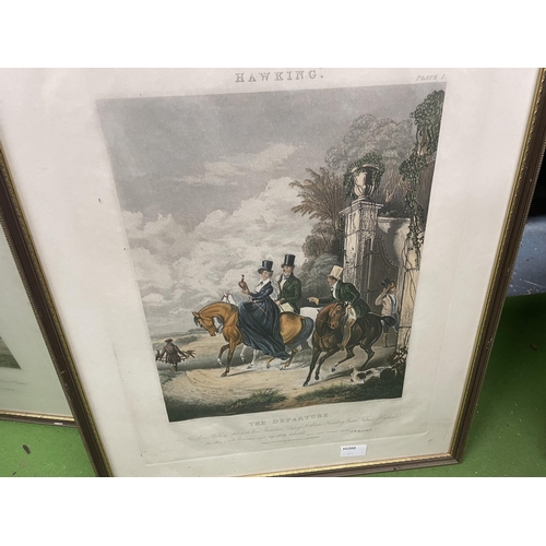 409 - THREE LARGE FRAMED HUNTING THEMED PRINTS - 'THE DEPARTURE', 'THE FATAL STOOP' AND 'THE RENDEZVOUS'