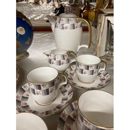 473 - A FOLEY CHINA PART COFFEE SET TO INCLUDE A COFFEE POT, CREAM JUG, SUGAR BOWL, SIX DEMI-TASSE CUPS AN... 