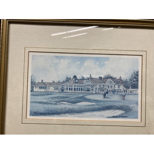 825 - FOUR FRAMED PRINTS OF GOLF COURSES TO INCLUDE MUIRFIELD, GLENEAGLES, TURNBERRY AND ST. ANDREWS