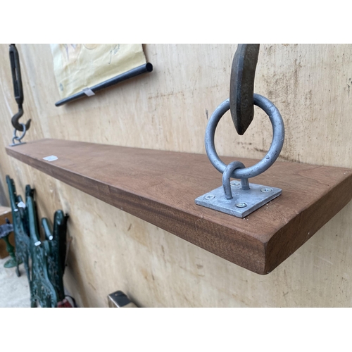 1216 - AN INDUSTRIAL TURNBUCKLE FLOATING MAHOGANY SHELF (L:114CM)