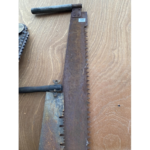 1263 - TWO VINTAGE WOODEN HANDLED CROSS CUT SAWS