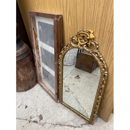 1600 - A TREEN VASE, A GILT FRAMED MIRROR AND A PICTURE FRAME