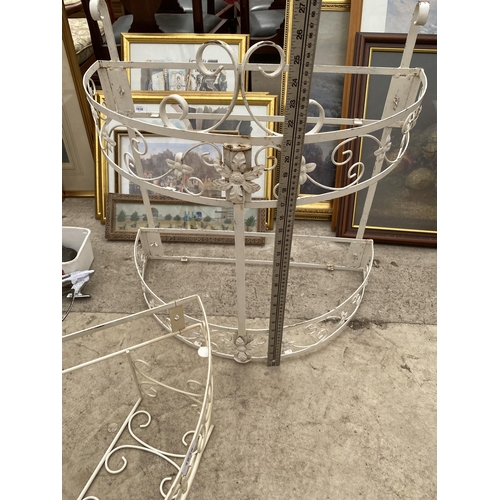 1635 - A METAL WHITE CORNER SHELF FRAME AND A ROUND TWO TIER UNIT