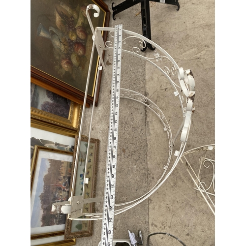 1635 - A METAL WHITE CORNER SHELF FRAME AND A ROUND TWO TIER UNIT