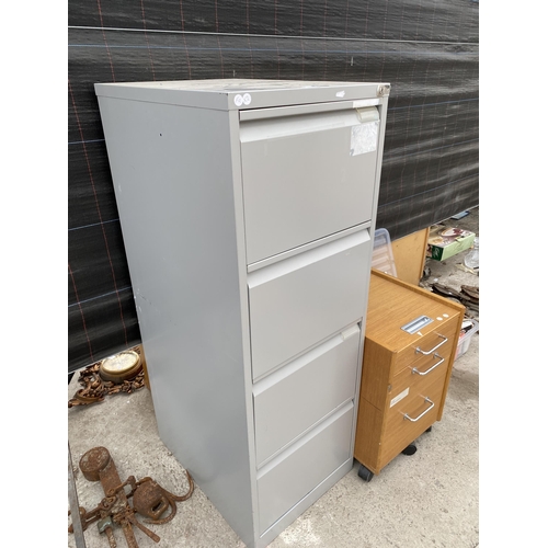 1715 - A WOODEN THREE DRAWER CABINET AND A FOUR DRAWER METAL FILING CABINET