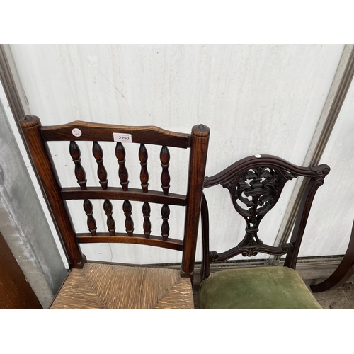 2250 - A LANCASHIRE SPINDLE BACK DINING CHAIR, TWO VICTORIAN DINING CHAIRS AND AN EBONISED NURSING CHAIR