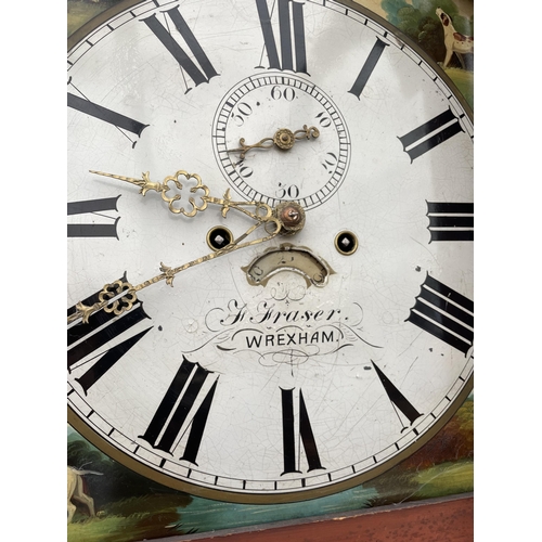 2251 - A 19TH CENTURY EIGHT-DAY LONGCASE CLOCK BY F.FRASER, WREXHAM WITH ENAMEL FACE SHOWING GAME SHOOTING ... 