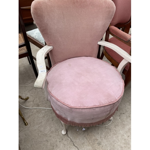 2273 - A MODERN PINK UPHOLSTERED BEDROOM CHAIR ON CABRIOLE FRONT LEGS AND CONTINENTAL STYLE ELBOW CHAIR