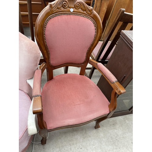 2273 - A MODERN PINK UPHOLSTERED BEDROOM CHAIR ON CABRIOLE FRONT LEGS AND CONTINENTAL STYLE ELBOW CHAIR