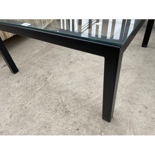 2284 - A MODERN BLACK PAINTED METALWARE FRAMED COFFEE TABLE WITH GLASS TOP, 29