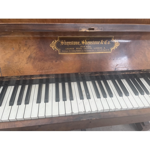 2335 - A WALNUT UPRIGHT PIANO 'SHENSTONE, SHENSTONE & CO, LONDON' WITH ORIGINAL CANDLE SCONCES