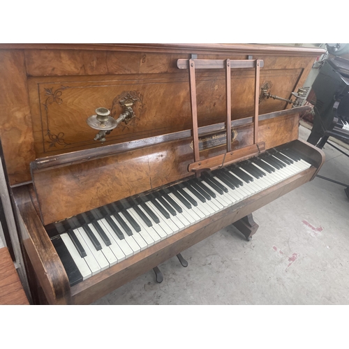 2335 - A WALNUT UPRIGHT PIANO 'SHENSTONE, SHENSTONE & CO, LONDON' WITH ORIGINAL CANDLE SCONCES