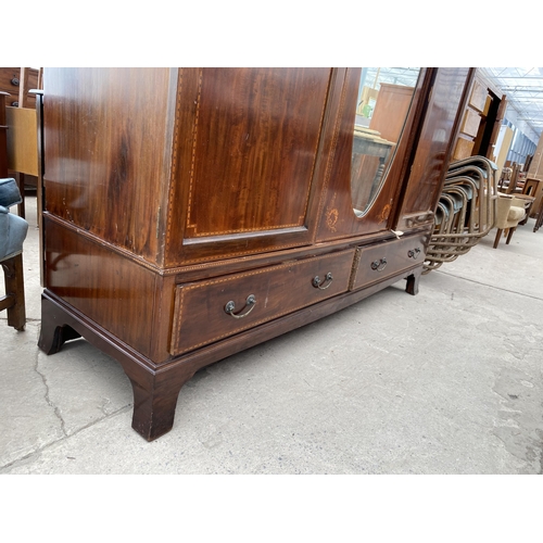 2380 - AN EDWARDIAN MAHOGANY AND INLAID MIRROR-DOOR WARDROBE WITH TWO DRAWERS TO THE BASE, 75