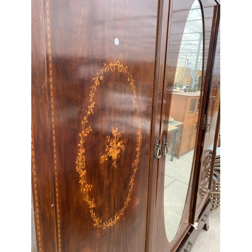 2380 - AN EDWARDIAN MAHOGANY AND INLAID MIRROR-DOOR WARDROBE WITH TWO DRAWERS TO THE BASE, 75