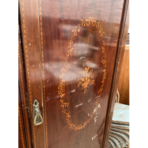 2380 - AN EDWARDIAN MAHOGANY AND INLAID MIRROR-DOOR WARDROBE WITH TWO DRAWERS TO THE BASE, 75