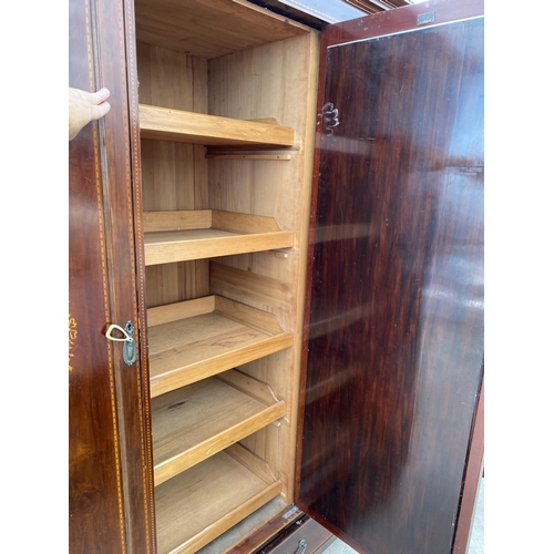 2380 - AN EDWARDIAN MAHOGANY AND INLAID MIRROR-DOOR WARDROBE WITH TWO DRAWERS TO THE BASE, 75