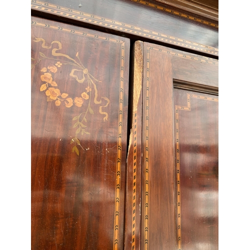 2380 - AN EDWARDIAN MAHOGANY AND INLAID MIRROR-DOOR WARDROBE WITH TWO DRAWERS TO THE BASE, 75