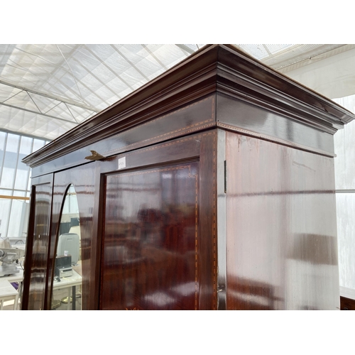 2380 - AN EDWARDIAN MAHOGANY AND INLAID MIRROR-DOOR WARDROBE WITH TWO DRAWERS TO THE BASE, 75