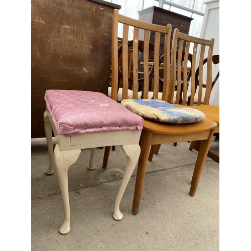 2384 - A PAINTED STOOL ON CABRIOLE LEGS AND A PAIR OF RETRO TEAK DINING CHAIRS