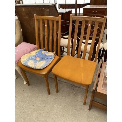 2384 - A PAINTED STOOL ON CABRIOLE LEGS AND A PAIR OF RETRO TEAK DINING CHAIRS