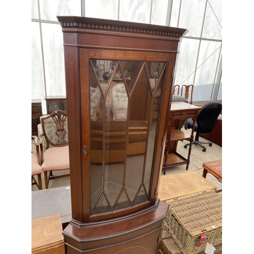 2387 - A RETRO TEAK DROP-LEAF DINING TABLE AND MAHOGANY CORNER CUPBOARD