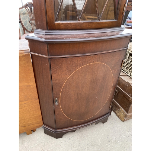 2387 - A RETRO TEAK DROP-LEAF DINING TABLE AND MAHOGANY CORNER CUPBOARD