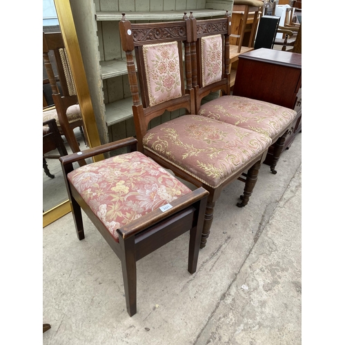 2421 - A PAIR OF EDWARDIAN OAK DINING CHAIR AND PIANO STOOL WITH LIFT-UP LID