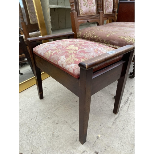 2421 - A PAIR OF EDWARDIAN OAK DINING CHAIR AND PIANO STOOL WITH LIFT-UP LID