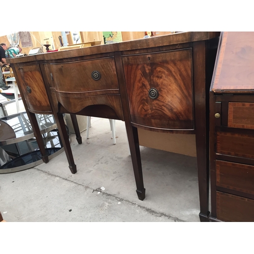 2456 - A REGENCY STYLE BOW FRONTED MAHOGANY AND CROSS BANDED SIDEBOARD ON TAPERED LEGS WITH SPADE FEET, 59.... 