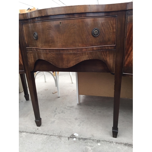 2456 - A REGENCY STYLE BOW FRONTED MAHOGANY AND CROSS BANDED SIDEBOARD ON TAPERED LEGS WITH SPADE FEET, 59.... 