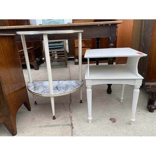 2464 - A DEMI-LUNE TWO TIER HALL TABLE WITH MARBLE EFFECT SHELVES AND WHITE PAINTED BEDSIDE TABLE