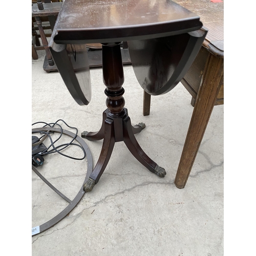 2522 - A SMALL OAK BOX/TABLE AND A SMALL MAHOGANY DROP LEAF TABLE