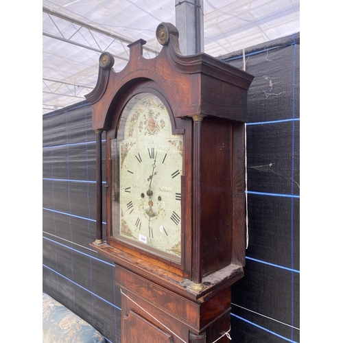 2564 - A 19TH CENTURY OAK AND CROSSBANDED 8 DAY LONGCASE CLOCK WITH ENAMEL DIAL