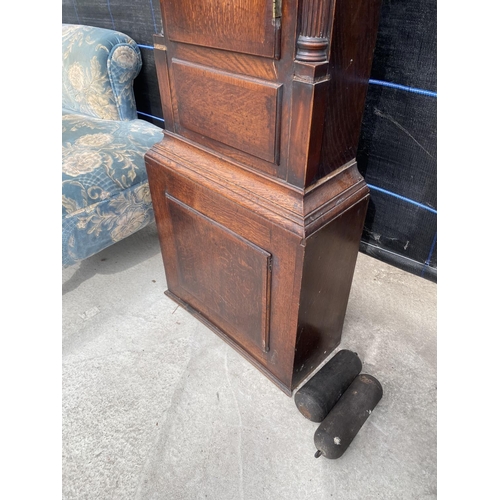 2564 - A 19TH CENTURY OAK AND CROSSBANDED 8 DAY LONGCASE CLOCK WITH ENAMEL DIAL