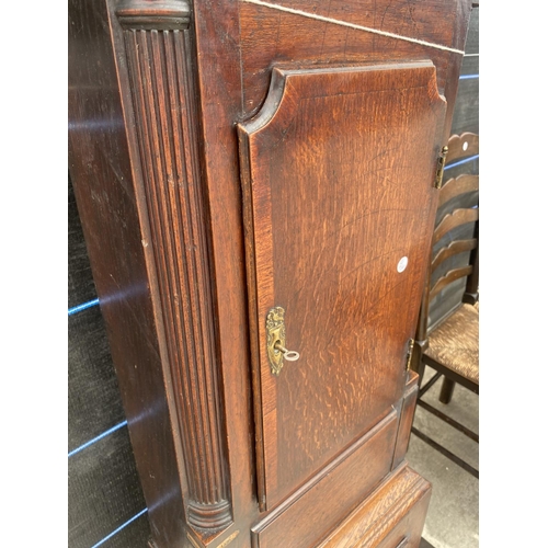 2564 - A 19TH CENTURY OAK AND CROSSBANDED 8 DAY LONGCASE CLOCK WITH ENAMEL DIAL