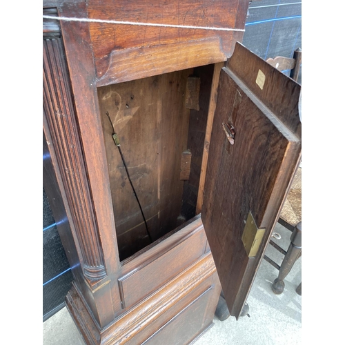 2564 - A 19TH CENTURY OAK AND CROSSBANDED 8 DAY LONGCASE CLOCK WITH ENAMEL DIAL